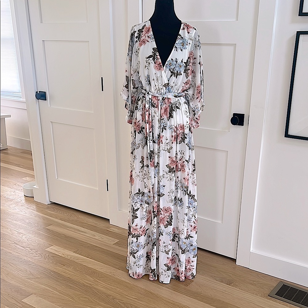 Baltic Born White and Pink Wrap Gown with Flutter Sleeves